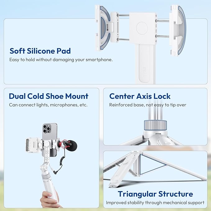 ULANZI TT88 Magnetic Tripod for iPhone 17, 57" Extendable Selfie Stick w Remote, 2-in-1 Phone Clip & Dual Cold Shoe Mounts-Lightweight Phone Tripod Stand for Vlogging, Travel, Video Recording, Black