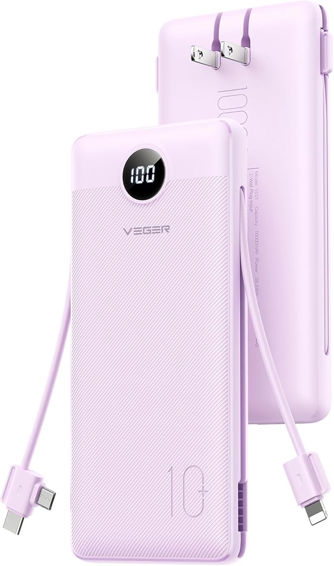 VEGER AC Wall Plug Portable Charger, 10000mah Slim Portable Charger Built in Cables, USB C Power Bank 15W Fast Charging, Travel Essential Battery Pack Compatible with iPhone, Android and More(Purple)