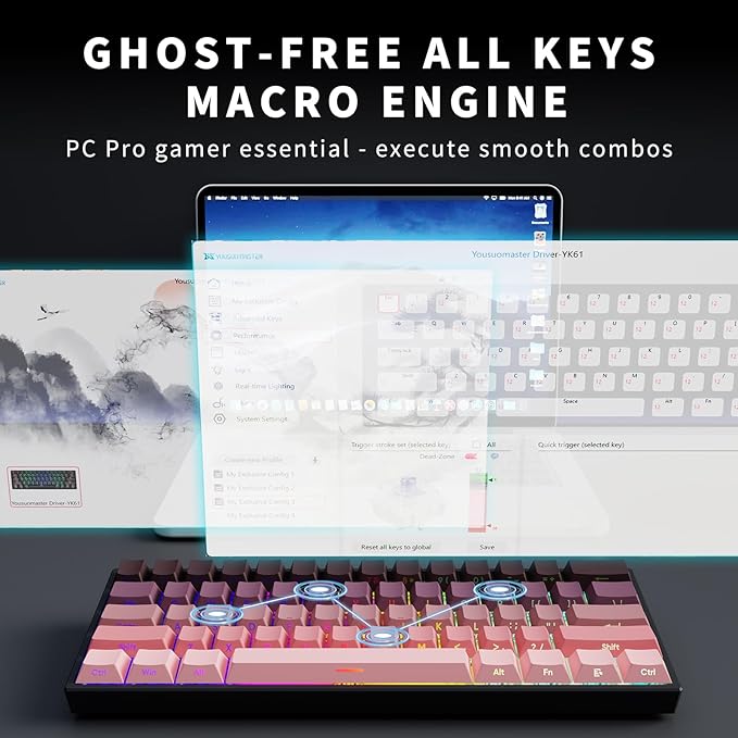 Mini 60% Mechanical Gaming Keyboard Wired, YK61 Hall Effect Magnetic Switch, Adjustable Actuation Rapid Trigger Mode, 8K Hz Polling Rate, Hot-Swap, 61 Keys RGB Backlit Side Printed PBT Keycaps