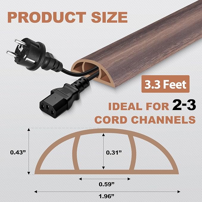 Floor Cord Cover for Wires on Floor Self Adhesive Cord Hider Floor Cable Management Wire Covers for Cords Protector Prevent Cable Trips Cord Cavity W 0.59" x H 0.31", Grayish Brown Wood, 3.3Ft