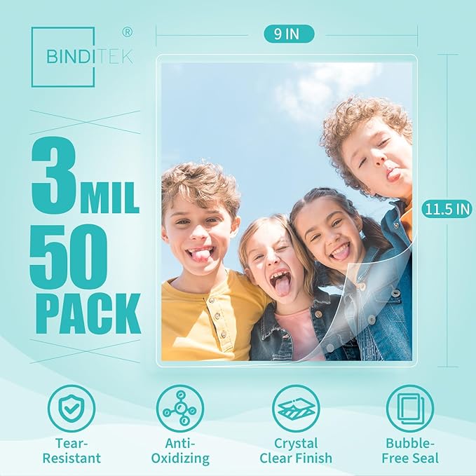 Binditek 50 Pack 3 Mil Thermal Laminating Pouches, 9x11.5 Inches Laminating Sheets, for Letter Size, Ultra Clear, Glossy, Hold 8.5x11 Inches, Heat Seal, School Office Supplies