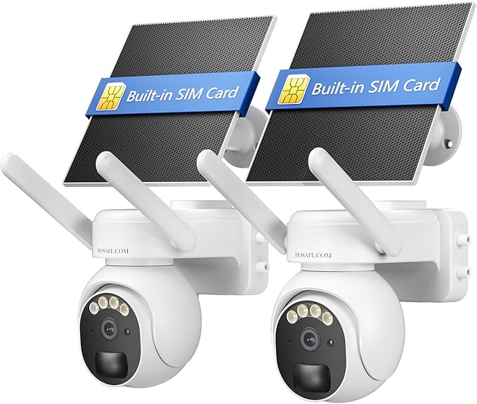 4G LTE Cellular Security Camera Outdoor, Off Grid Security Camera No WiFi Solar Powered, 360° PTZ Solar Camera Outdoor Wireless, 2K Color Night Vision, PIR Motion Sensor, Built in SIM Card, 2 Cameras