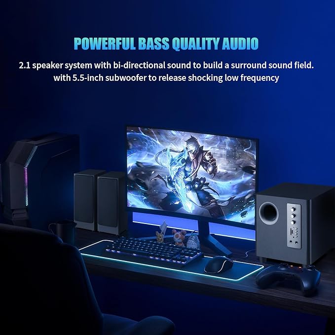 Desktop Computer Speakers with 5.5'' Subwoofer, 2.1 Multimedia Speaker System for Playing Movies, Games, and Music, RCA/BT/Optical Audio Inputs Support Connection to TV and PC