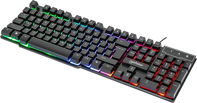 MANHATTAN RGB LED USB Gaming Keyboard - Full Size, Rainbow Backlight, Spill-Resistant, Quiet Keystrokes, 12 Multimedia Function Keys, for Computer, PC, Desktop, Gamer – 3 Yr Mfg Warranty - 180603