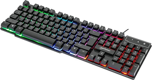 MANHATTAN RGB LED USB Gaming Keyboard - Full Size, Rainbow Backlight, Spill-Resistant, Quiet Keystrokes, 12 Multimedia Function Keys, for Computer, PC, Desktop, Gamer – 3 Yr Mfg Warranty - 180603