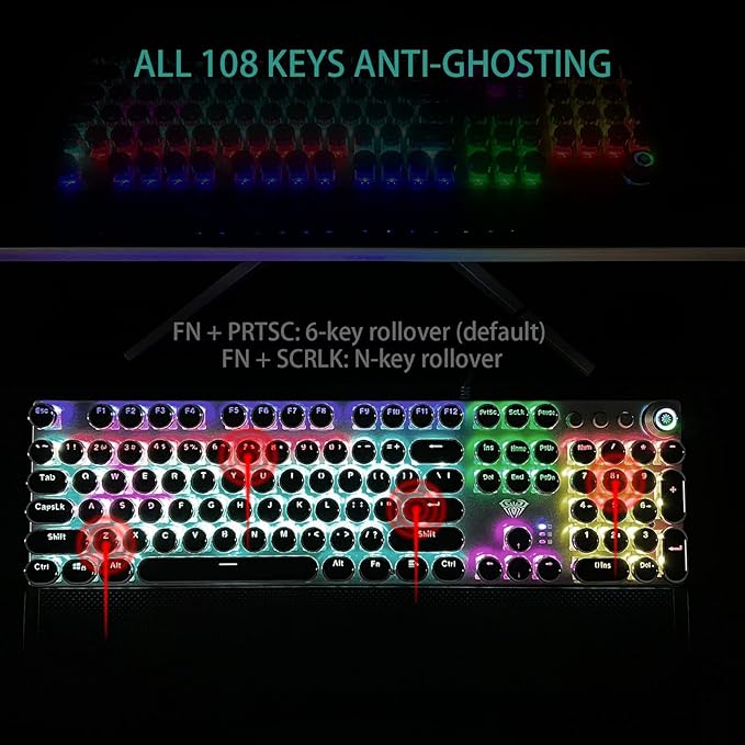 AULA F2088 Typewriter Style Mechanical Gaming Keyboard Blue Switches,Rainbow LED Backlit,Removable Wrist Rest,Media Control Knob,Retro Punk Round Keycaps,USB Wired Computer Keyboard
