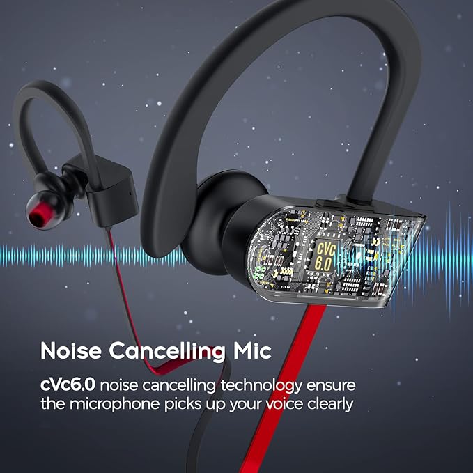 Sport Bluetooth Headphones with Microphone, 16H Deep Bass Running Headphones Wireless, IPX7 Waterproof Wireless Earbuds with Ear Hooks, CVC 6.0 Noise Cancelling Earbuds for Calls, Red