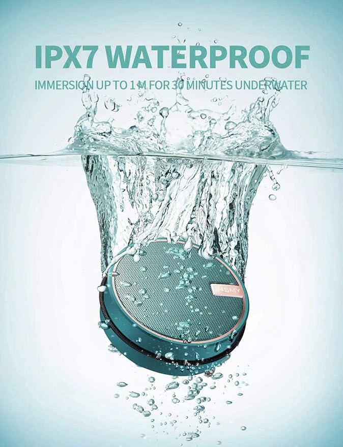 INSMY C12 IPX7 Waterproof Shower Bluetooth Speaker, Portable Small Speaker, Speakers Bluetooth Wireless Loud Clear Sound, Support TF Card Suction Cup for Kayak Canoe Beach Gift (Teal)
