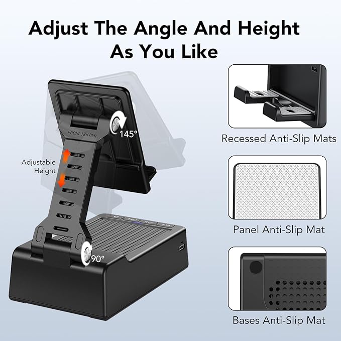 Multifunctional Cell Phone Stand with Wireless Bluetooth Speaker and Anti-Slip Base, HD Stereo Compatible with Multiple Devices, Tech Gadgets Gifts for Men/Women/Parents/Child (Black)