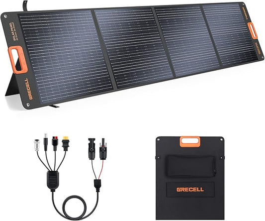 GRECELL 200W Portable Solar Panel for Power Station, Foldable Solar Charger w/ 4 Kickstands, IP65 Waterproof Solar Panel Kit w/DC XT60 Anderson Aviation Output for Outdoor RV Camper Blackout