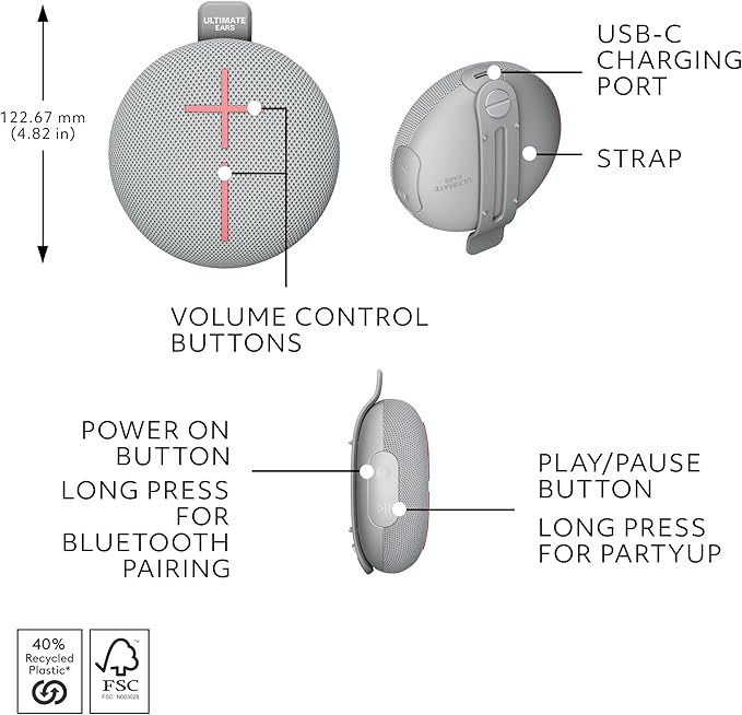 Ultimate Ears MINIROLL Ultra-Portable Waterproof Bluetooth Speaker, Big Bass, IP67 Dustproof, 131 ft Range - Gentle Grey