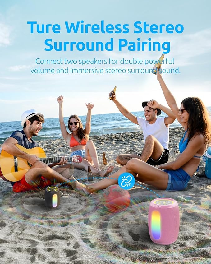Bluetooth Speaker Portable Wireless, Powerful Stereo Sound with Lights, IPX5 Waterproof, TWS Pairing, Small Speaker for Outdoor Camping Beach Home Travel, Electronics Gift for Him Her Birthday Holiday