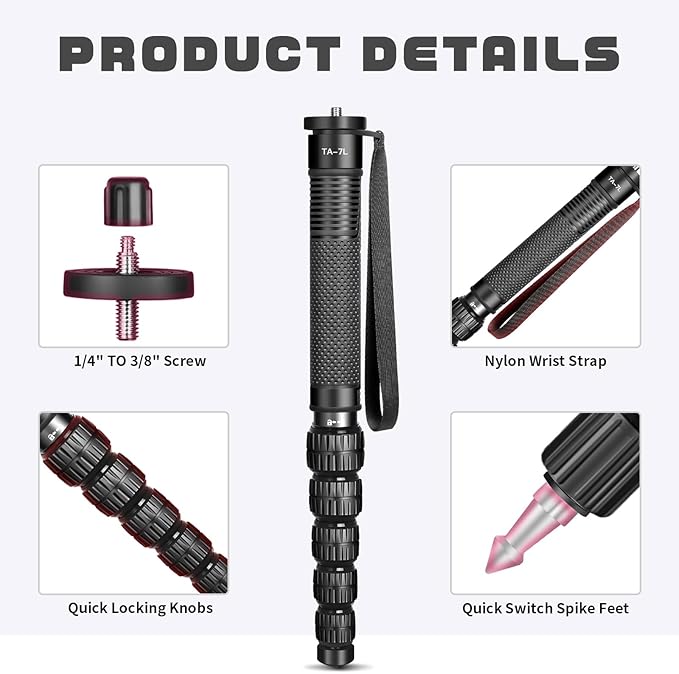 TONYBOO TA-7L 68.5 inch Camera Monopod, 36mm Aluminum Monopod with 6-Section Portable Lightweight, Max Load 40 lbs, Heavy Duty Camera Stand for DSLR Canon Nikon Sony, Easy to Carry