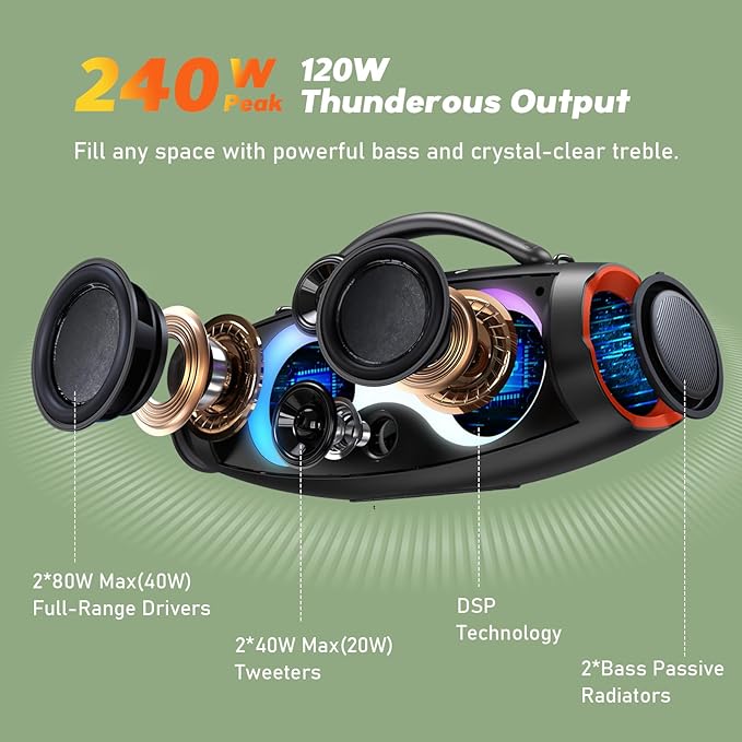 DOSS Extreme Boom Pro D200 240W Peak Outdoor Speaker, Punchy Bass, 26H Playtime, Beat-Synced Light, BT5.4, Stereo Pairing, IPX6 Waterproof for Camping, Beach, Tailgate Party-Orange