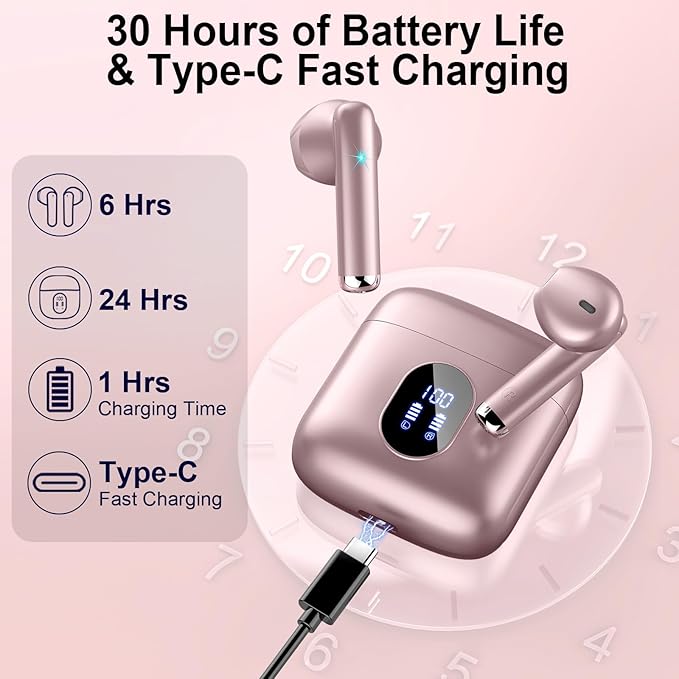 Wireless Earbuds, in Ear Headphones with 4 ENC Mics, Bluetooth 5.4 Ear Buds Hi-Fi Stereo, 36H Playtime Earphones with USB-C Charging Case, 3g Lightweight, IP7 Waterproof Headset for Work/Running