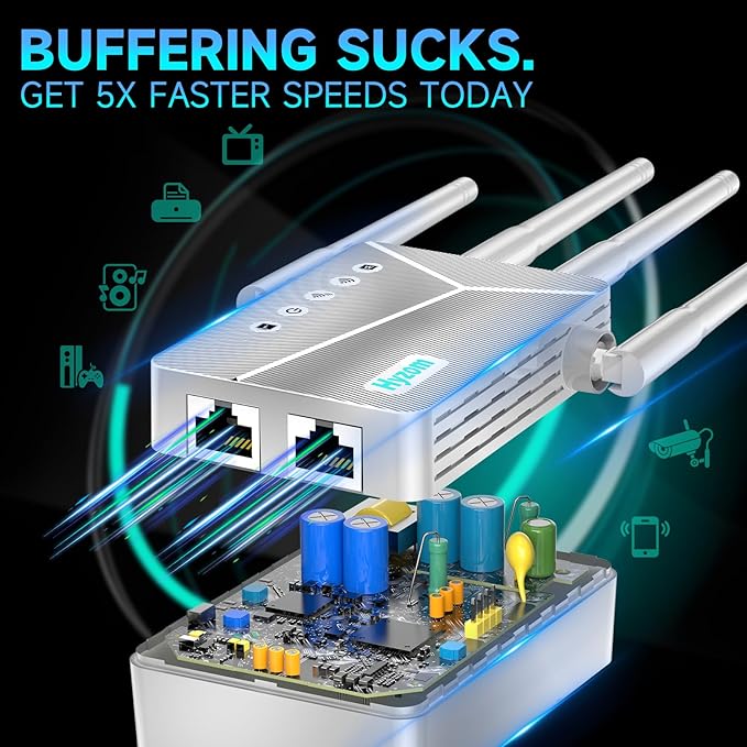 WiFi Extender Signal Booster for Whole Home & Backyard - 10K Sq.Ft Coverage w/4 Antennas | 90% Faster Internet Booster w/Ethernet Port, Easy Setup Wireless Repeater Works with Any Router | Long Range