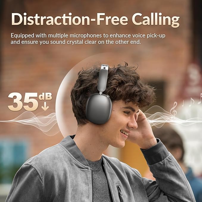 Y02 Active Noise Cancelling Headphones,60H Battery,5 EQ Music Modes,Hi-Res Audio,Deep Bass,Foldable Wireless Over Ear Bluetooth 5.4 Headset,Breathable Leather Earpads (Grey)
