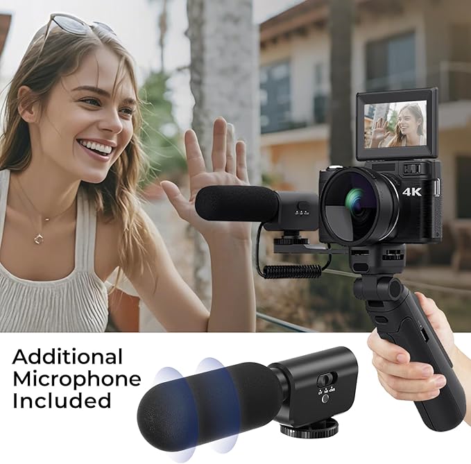 4K Vlogging Camera with Creator Kits 5K Digital Camera for Photography 64MP Video Camera with Flip Screen, Microphone, Powerbank Tripod, Wide-Angle & Macro Lens, Remote Control, Batteries