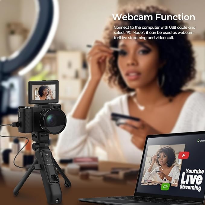 4K Vlogging Camera with Creator Kits 5K Digital Camera for Photography 64MP Video Camera with Flip Screen, Microphone, Powerbank Tripod, Wide-Angle & Macro Lens, Remote Control, Batteries