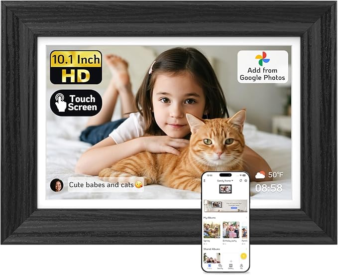 NexFoto Touchscreen Digital Picture Frame 10.1 Inch, WiFi Photo Frame Electronic 64GB, Add Photos from Google Photos, Easy to Share Videos via App/USB/Micro SD, for Mom/Birthday, Black Wood