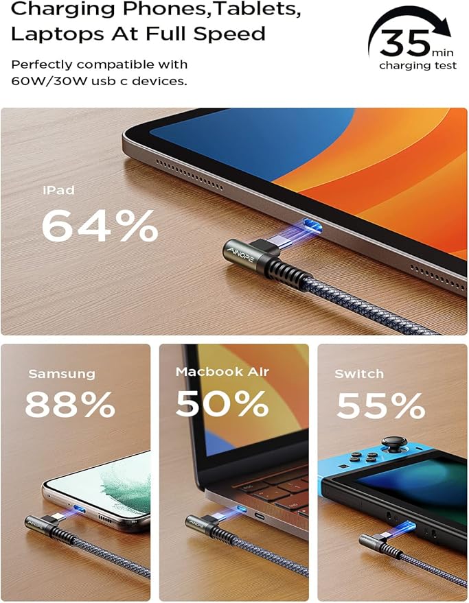 AINOPE Right Angle USB C to USB C Cable 17 3.3FT 60W 2 Pack USBC to USBC for iPhone 16 Pro Max Car Charger Cord Fast Charging Compatible with iPhone 16 15 Samsung A17 iPad Pro Android Phone Accesories