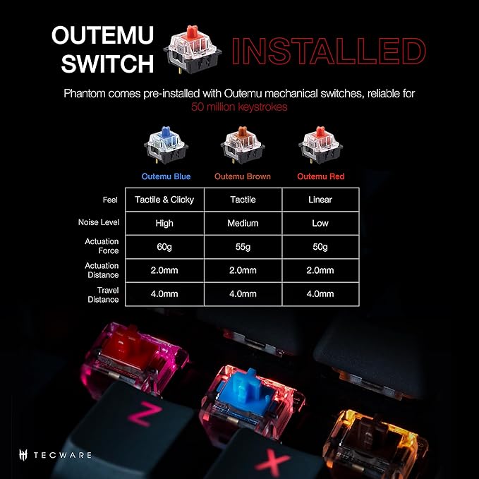 TECWARE Phantom 87 Key Mechanical Keyboard, RGB led, Outemu RED Switch