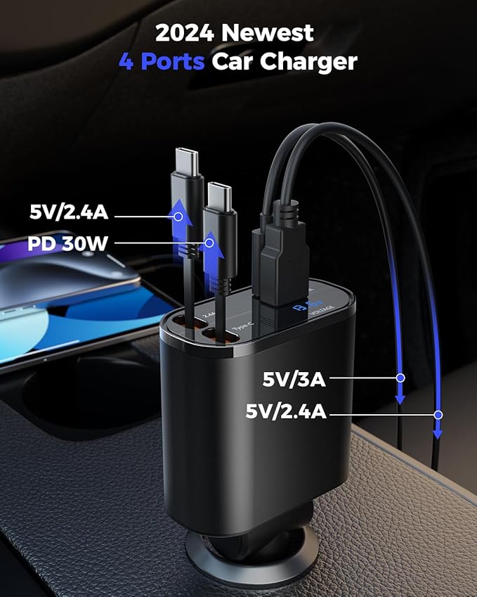 SUPERONE Retractable Car Charger for iPhone with Dual Type C Cables, 4 in 1 USB C Car Charger Adapter with PD 60W Fast Charging Compatible with iPhone 17 16 15 14 13 12 11 Pro/XS/XR/SE/iPad/Airpods