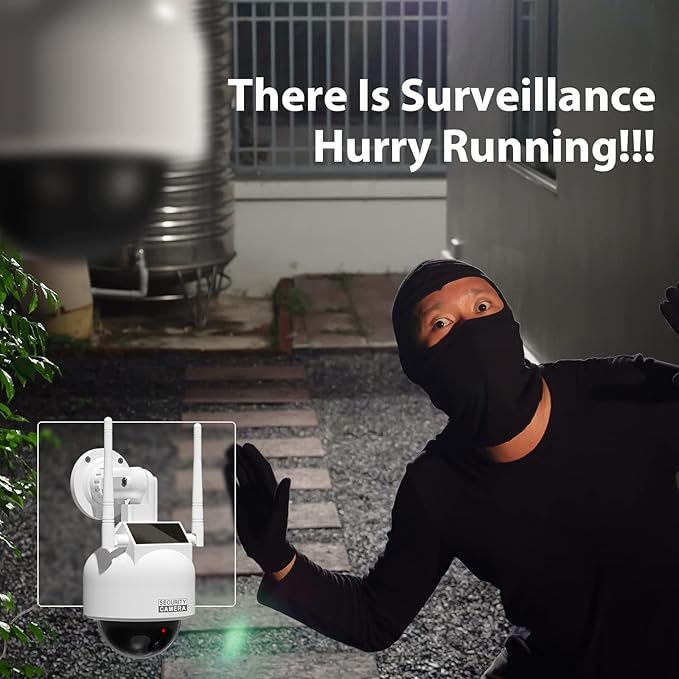 BNT Solar Dummy Fake Camera Security Outdoor, Solar Powered Simulated Surveillance Cameras with 1 Flashing Red LED Light/CCTV Sticker, Fake Dome Camera for Home.(Battery not Included)