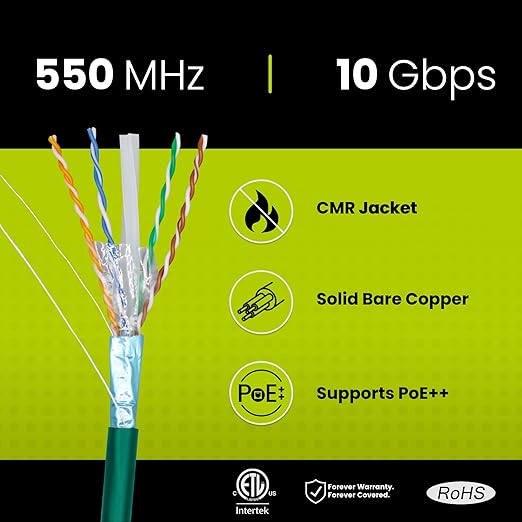 TRUE CABLE Cat6 Shielded Riser (CMR) Bulk Ethernet Cable, 1000ft, Green, 23AWG Solid Bare Copper, 550MHz, Overall Aluminum Foil Shield (F/UTP), PoE++ 100W, ETL Listed
