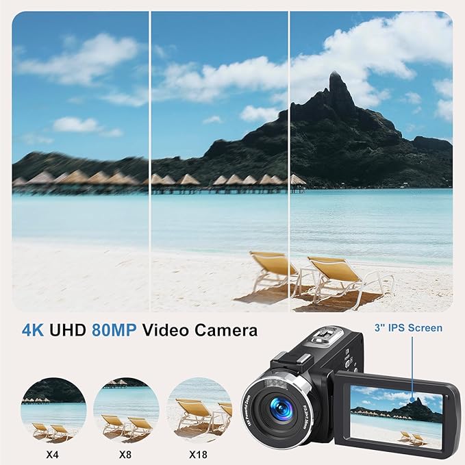 Camcorder Video Camera 4K HD 80MP Vlogging Camera for YouTube IR Night Vision Camera 18X Digital Zoom 3.0 IPS Screen Video Recorder with 32GB SD Card, 2 Batteries, Remote Control, and Stabilizer