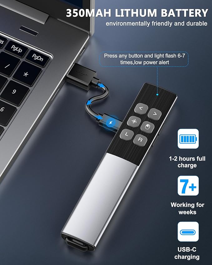 Wireless Presentation Clicker with Air Mouse, Gyro Volume & Ink Annotation – Rechargeable Remote for PowerPoint/Keynote on Mac, PC, Laptop