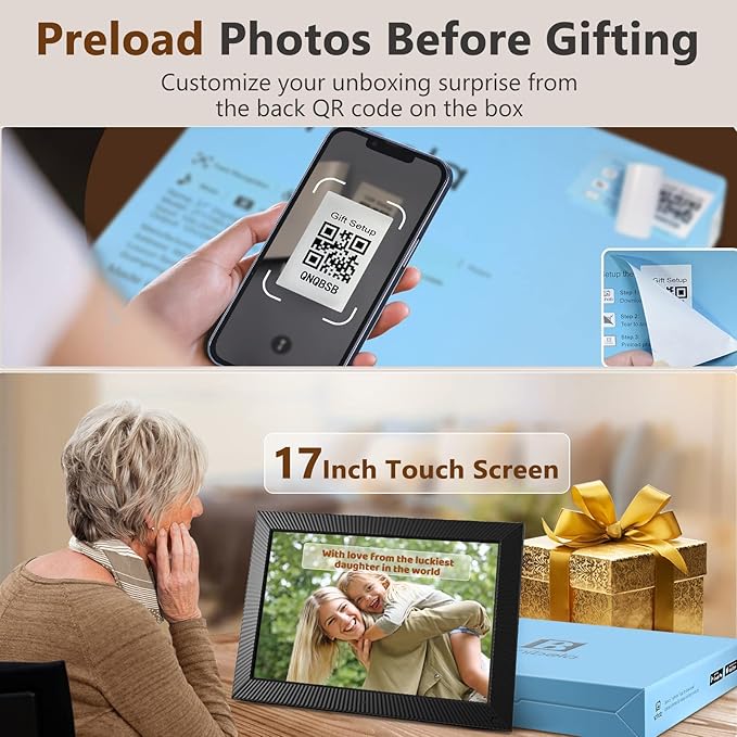 17 Inch Digital Picture Frame, Benibela 2.4G/5G Dual WiFi AI Smart Electronic Photo Frame, Remote Control, Motion Sensor, Wall Mounted, 32GB, Share Mother's Day Video via App Cloud Email USB(16:10)