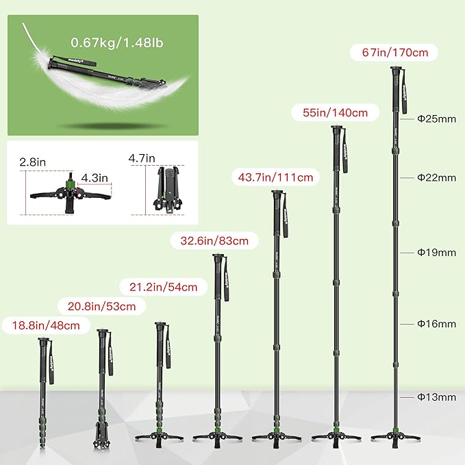 Manbily Camera Monopod with Feet, Aluminum Portable Travel Monopod with Removable Tripod Stand Base for DSLR Canon Nikon Sony Video Camcorder (Green)