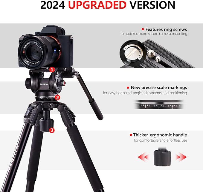 RAUBAY 70.8" Video Camera Tripod, Heavy Duty Tripods Stand with 360° Pan & 165° Tilt Fluid Head, 75mm Bowl Base, Aluminum Single Tube Legs, QR Plate, Max. Load 17.6lb for DSLR Camera, Camcorder (DV-3)