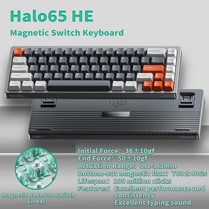 nuphy Halo65 HE Rapid Trigger Gaming Keyboard, 65 Percent 67 Keys Wired Magnetic Switches Keyboard, Hall Effect Keyboard, Hyper-Fast Adjustable Actuation, RGB Hot-swappable, 8K Hz Polling Rate
