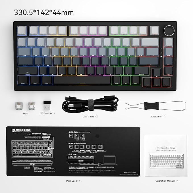 Wireless Mechanical Keyboard with Knob,Tri-Mode BT5.0/2.4GHz/USB-C Hot Swappable Mechanical Keyboard,Pre-lubed Linear Switches,8000mAH Battery RGB Backlit Computer Gaming Keyboards