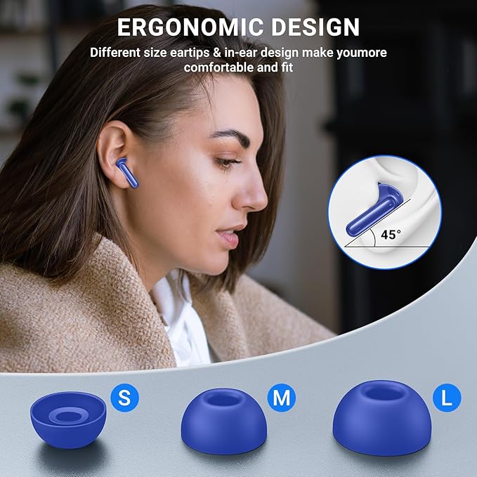 Wireless Earbuds, 2024 Wireless Headphones HiFi Stereo Earphones with 4 ENC Noise Canceling Mic, 42Hs Playtime In Ear Earbud, Bluetooth 5.3 Sport Earphones with LED Power Display for Android iOS Blue