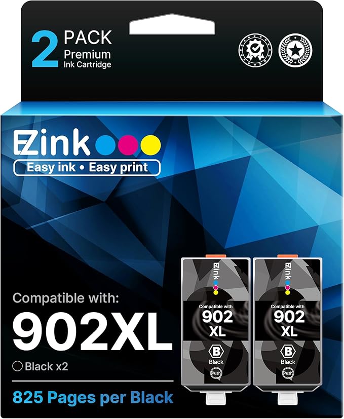 E-Z Ink Compatible 902 Ink for HP 902XL Black 2 Pack Replacement for 902XL Ink Cartridges for HP Printers to use with Officejet Pro 6978 6968 6970 6974 6975 6960 Officejet 6962 6958 6950 6954 6951