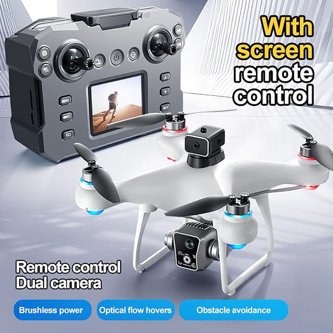 KY102 Drone with Screen Controller with SD card, Brushless Motor, Optical Flow Localization, Active Obstacle Avoidance, 2 batteries, One Key Take Off/Landing. (2 batteries - White)