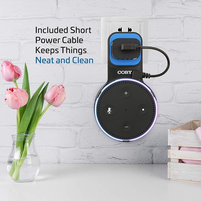 Coby Speaker Wall Mount Compatible with 2nd-Generation Alexa Echo Dot, Device Charging Dock and Storage Station, Cable Management Bracket for Wall Outlet, 7.5-Inch USB Charging Cord Included, Black