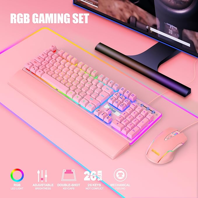 RedThunder K10 Wired Gaming Keyboard and Mouse and Wrist Rest Combo, RGB Backlit, Mechanical Feel Anti-ghosting Keyboard + 7D 7200 DPI Mice+Soft Leather Wrist Rest 3 in 1 PC Gamer Accessories(Pink)