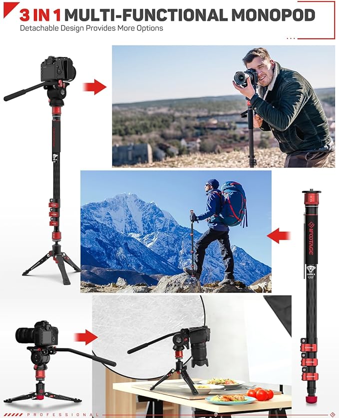 IFOOTAGE 71" Carbon Fiber Monopod Kit with Fluid Head, Portable Travel Camera Monopod with Feet, Max Load 17.64 lbs, Compatible with Sony, Canon, Nikon DSLR Cameras, Cobra 3 C180F & Komodo K5