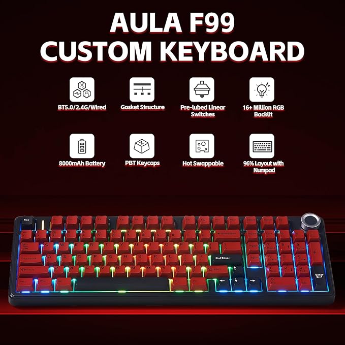 x Aula F99 Pro Keyboard, Wireless Mechanical Keyboards Gaming Hot Swappable Custom Creamy Keyboard 96% Gasket Tri-Mode BT5.0/2.4GHz/USB-C,RGB Backlit PC Gaming Keyboards,Pre-lubed Ice Vein Switch