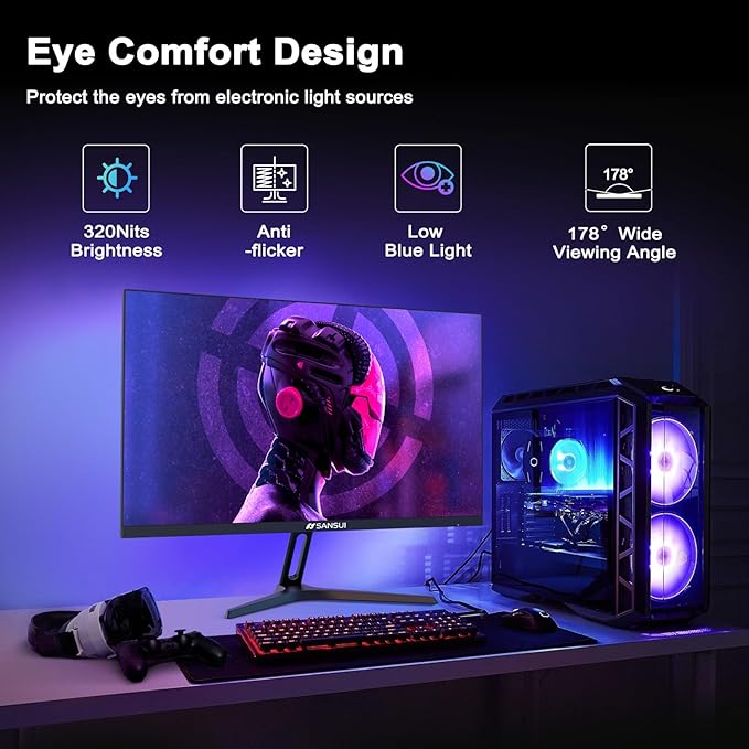 SANSUI 27 Inch WQHD 2560 x 1440 IPS Gaming Monitor, 180Hz 1ms Computer Monitor, DP 1.2 x2 | HDMI 2.0 x2 | VESA Mount, 120% sRGB HDR Eye Care Metal Stand (DP Cable Included)