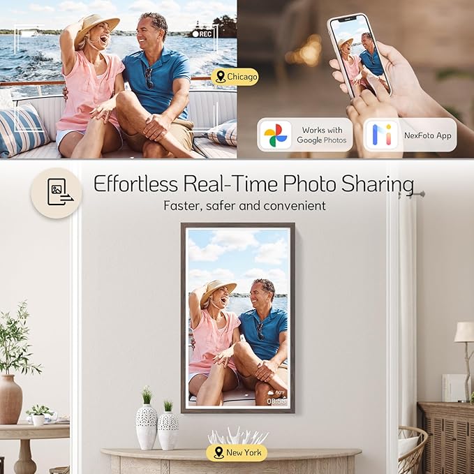 NexFoto Large Digital Picture Frame 32 Inch Touchscreen, 64GB FHD 1920 * 1080 WiFi Digital Photo Frame, Add Photos from Google Photos, Share Videos, for Housewarming/Wedding/Birthday, Dark Wood