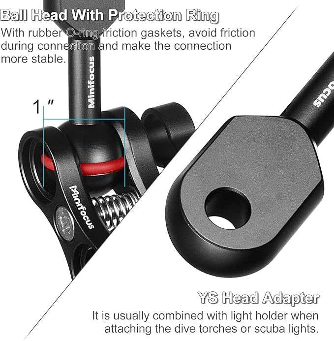 MINIFOCUS 1" Ball to YS Head Clip Arm, 2PCS 3.35"/8.5cm Aluminum Alloy YS Head Adapter Lightweight Arm Underwater Photography Lighting System Connector for Diving Strobe/Video Light