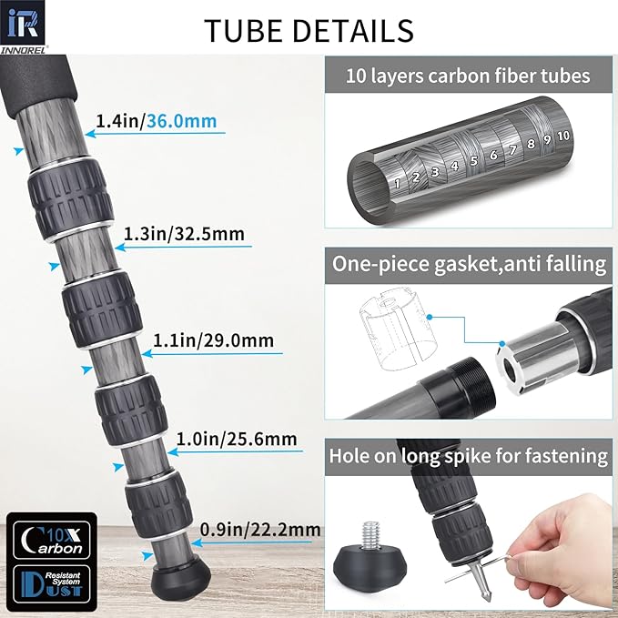 INNOREL KT365C Compact Carbon Fiber Camera Tripod 36mm Max Tube Professional 5 Sections Travel Tripod for Digital DSLR Video Camcorder Heavy Duty Camera Stand Load 66.1lb/30kg with Center Column