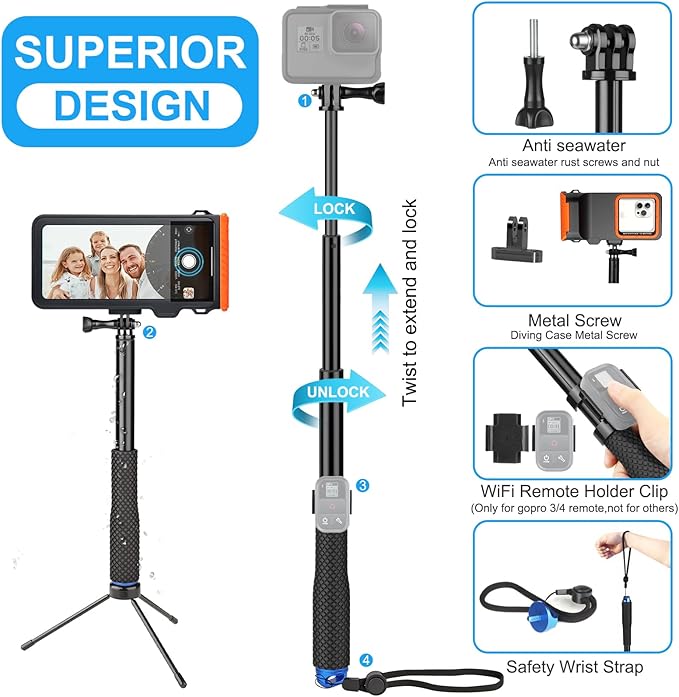 Bluetooth Selfie Stick, Underwater Diving Surfing Swimming Bluetooth Phone Selfie Stick, Extendable & Portable Waterproof Video Recording Compatible with iPhone/Android Cellphones and Gopro AKASO etc.