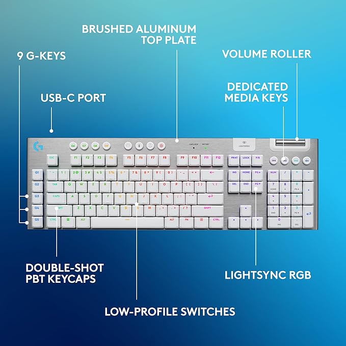 Logitech G915 X Lightspeed Wireless Mechanical Gaming Keyboard, Double-Shot PBT Keycaps, Fully Programmable Keys, RGB Backlit Mac/PC Gaming Keyboards, Aluminum Finish, GL Tactile Switches, White