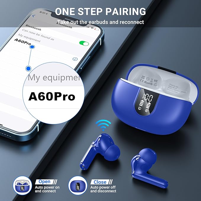 Wireless Earbuds, 2024 Wireless Headphones HiFi Stereo Earphones with 4 ENC Noise Canceling Mic, 42Hs Playtime In Ear Earbud, Bluetooth 5.3 Sport Earphones with LED Power Display for Android iOS Blue